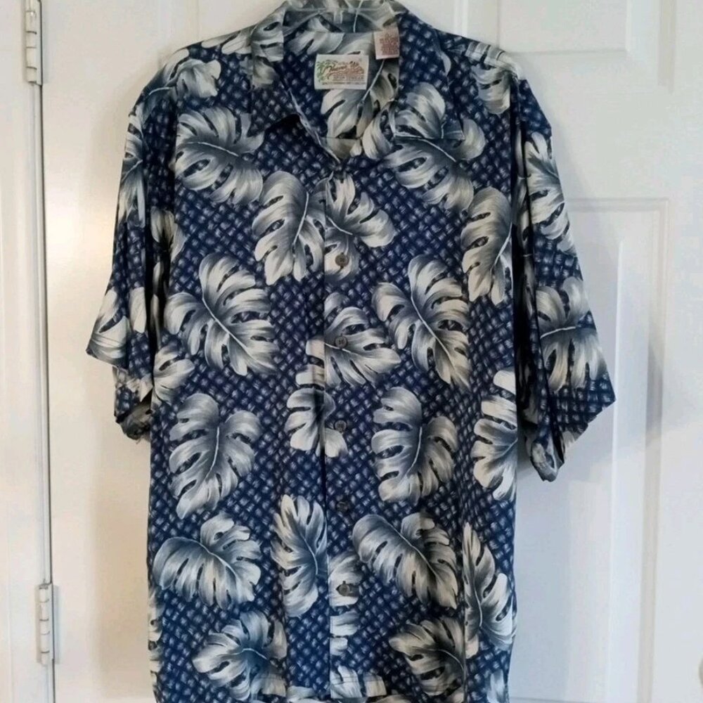 Vintage Thumbs Up Hawaiian Shirt Blue Floral Men's Large Button Up Rayon